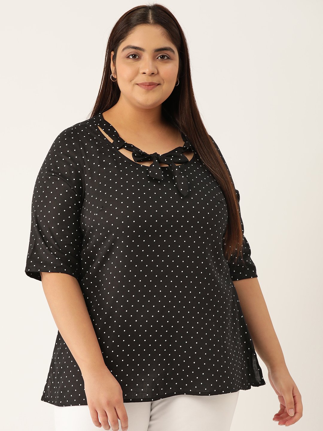 Women's Plus Size Black Polka Dot Printed Neck Tie-Up Detail Woven Top
