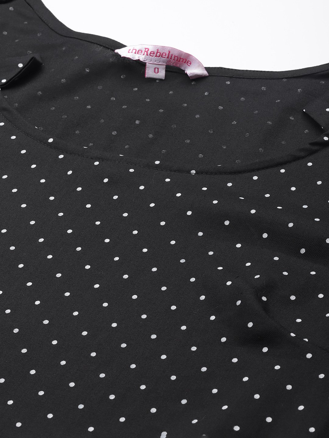 Women's Plus Size Black Polka Dot Printed Neck Tie-Up Detail Woven Top