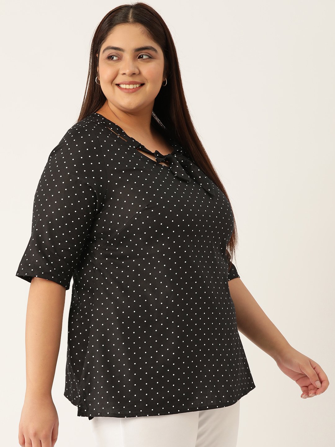 Women's Plus Size Black Polka Dot Printed Neck Tie-Up Detail Woven Top