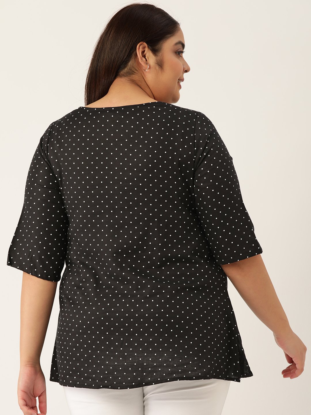Women's Plus Size Black Polka Dot Printed Neck Tie-Up Detail Woven Top