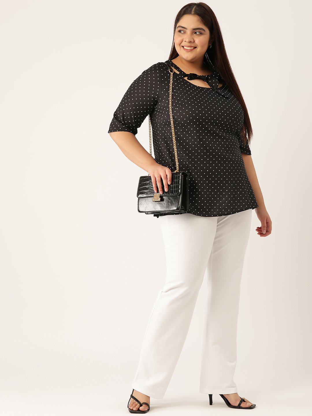 Women's Plus Size Black Polka Dot Printed Neck Tie-Up Detail Woven Top