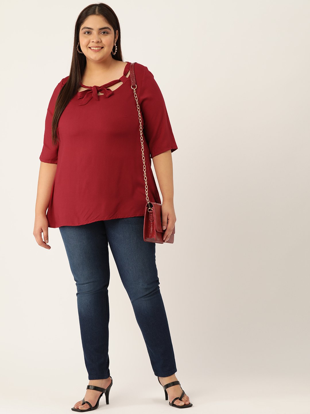 Women's Plus Size Maroon Solid Color Neck Tie-Up Detail Woven Top