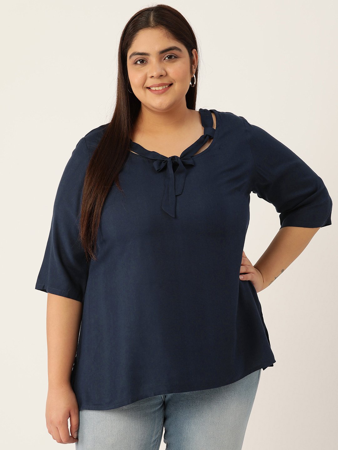 Women's Plus Size Navy Blue Solid Color Neck Tie-Up Detail Woven Top