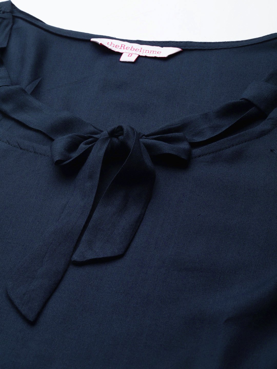 Women's Plus Size Navy Blue Solid Color Neck Tie-Up Detail Woven Top