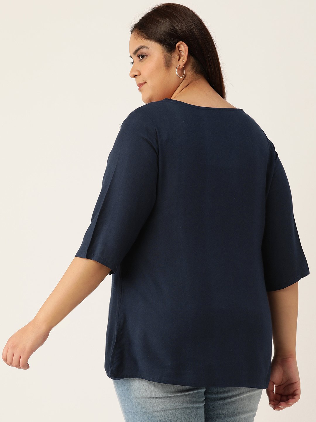 Women's Plus Size Navy Blue Solid Color Neck Tie-Up Detail Woven Top