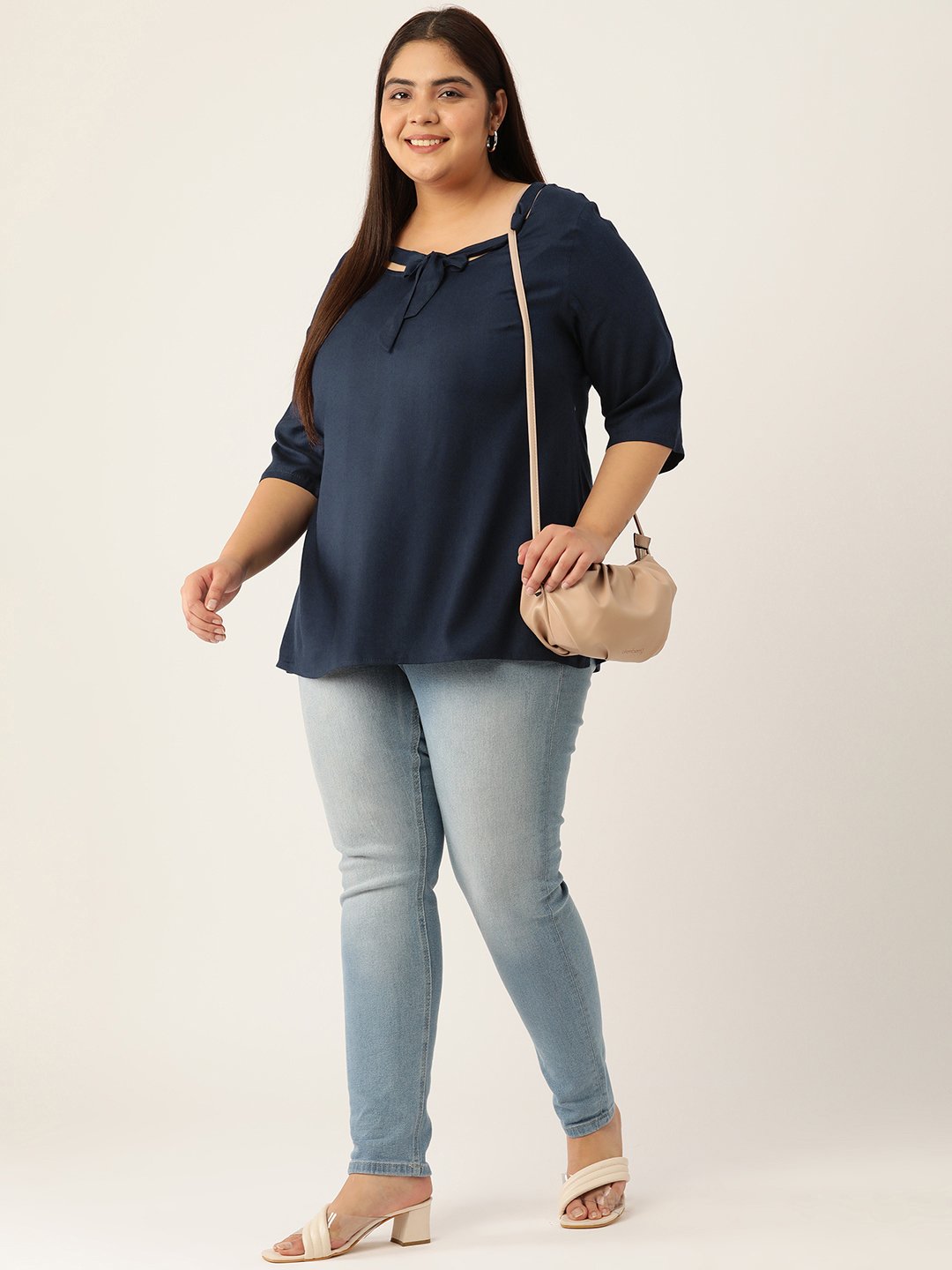 Women's Plus Size Navy Blue Solid Color Neck Tie-Up Detail Woven Top
