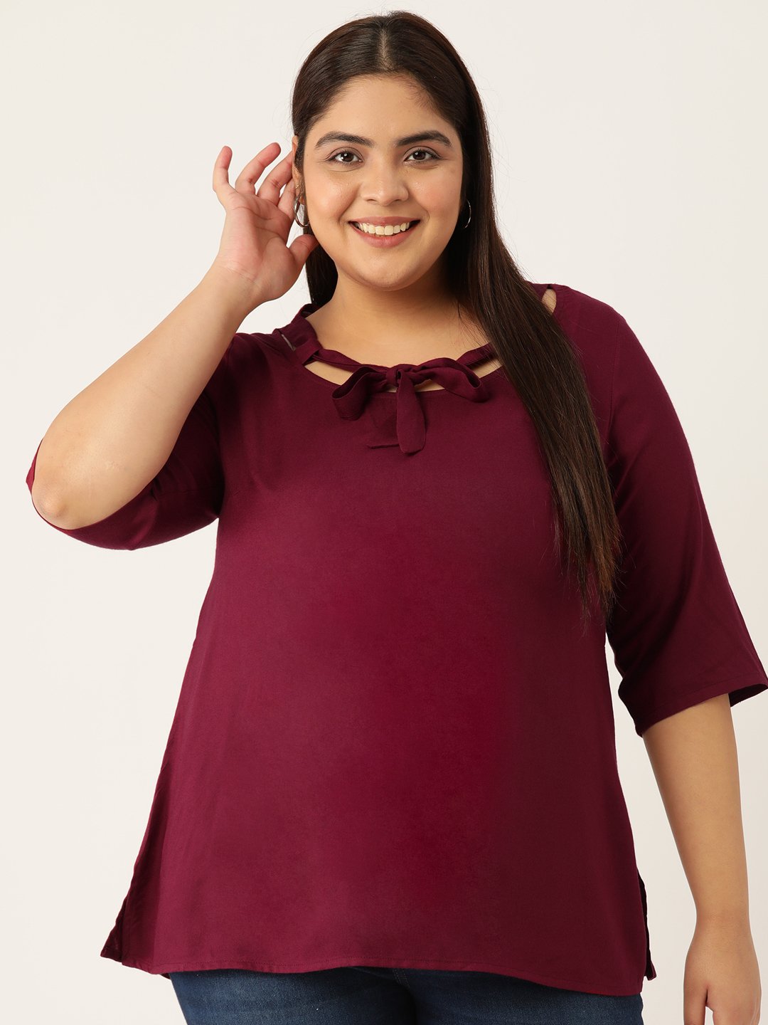 Women's Plus Size Plum Solid Color Neck Tie-Up Detail Woven Top