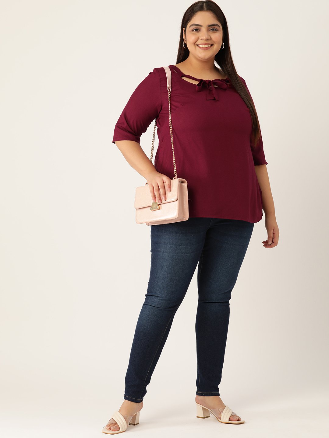 Women's Plus Size Plum Solid Color Neck Tie-Up Detail Woven Top