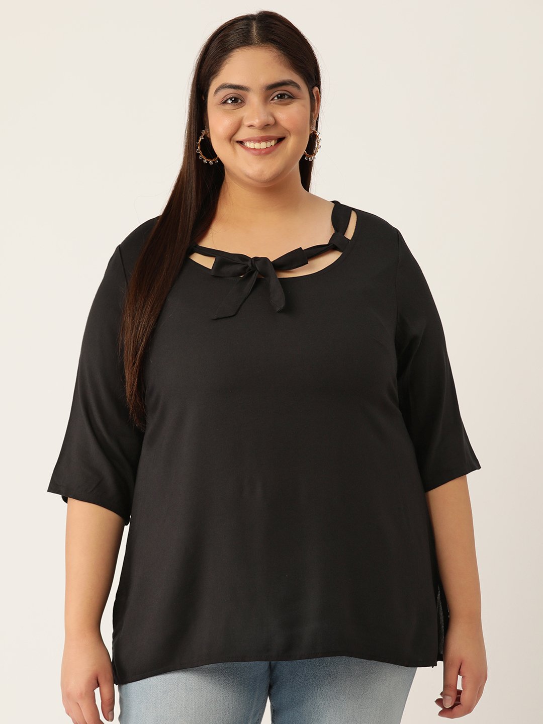 Women's Plus Size Black Solid Color Neck Tie-Up Detail Woven Top