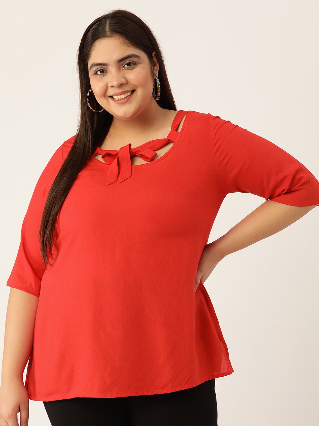 Women's Plus Size Red Solid Color Neck Tie-Up Detail Woven Top