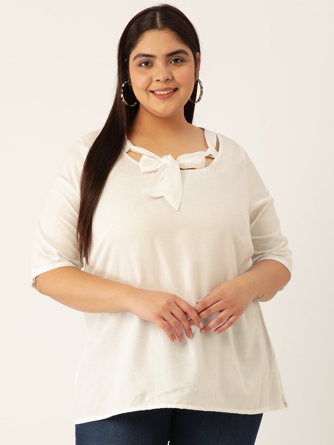 Women's Plus Size White Solid Color Neck Tie-Up Detail Woven Top