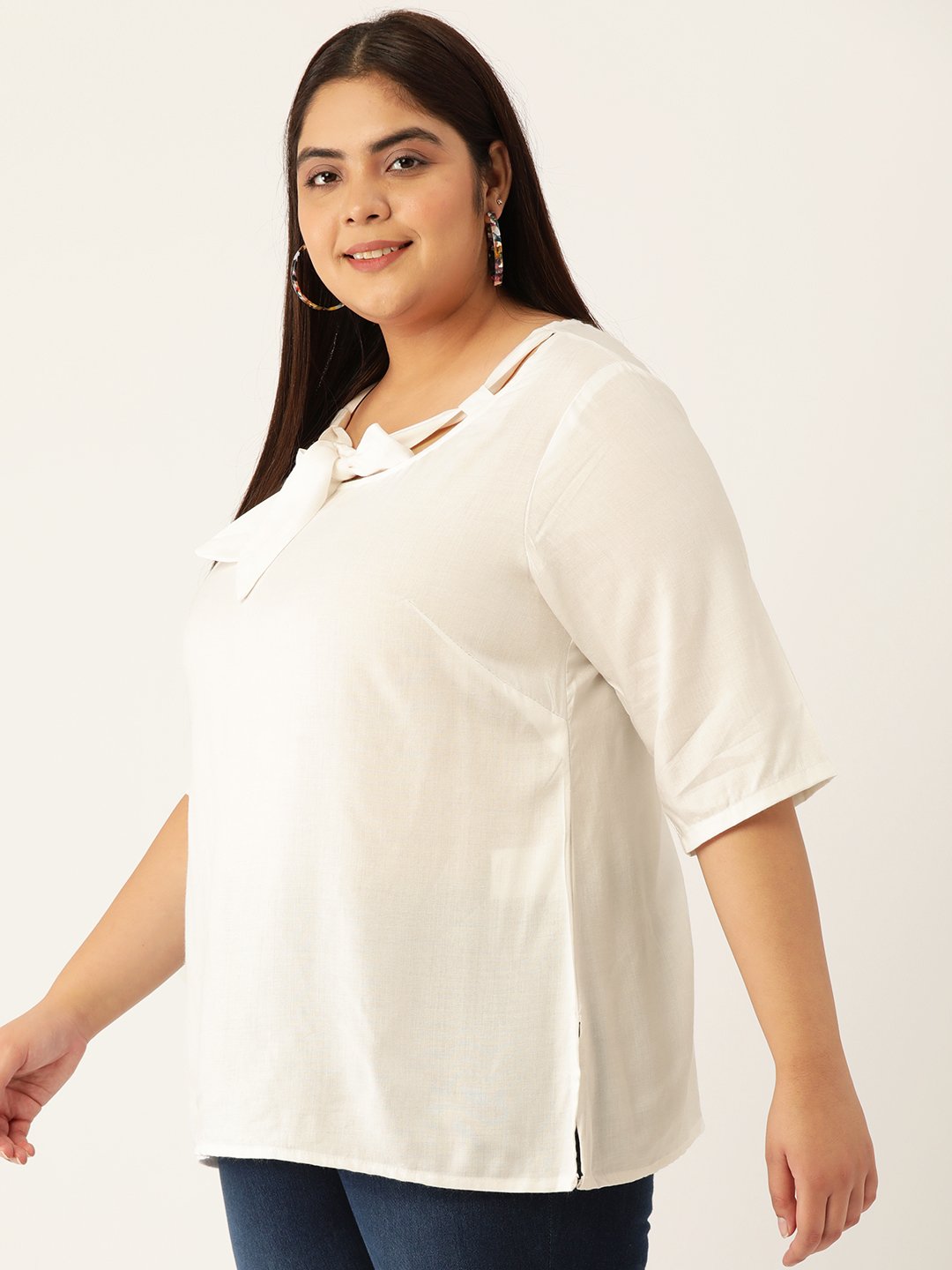 Women's Plus Size White Solid Color Neck Tie-Up Detail Woven Top