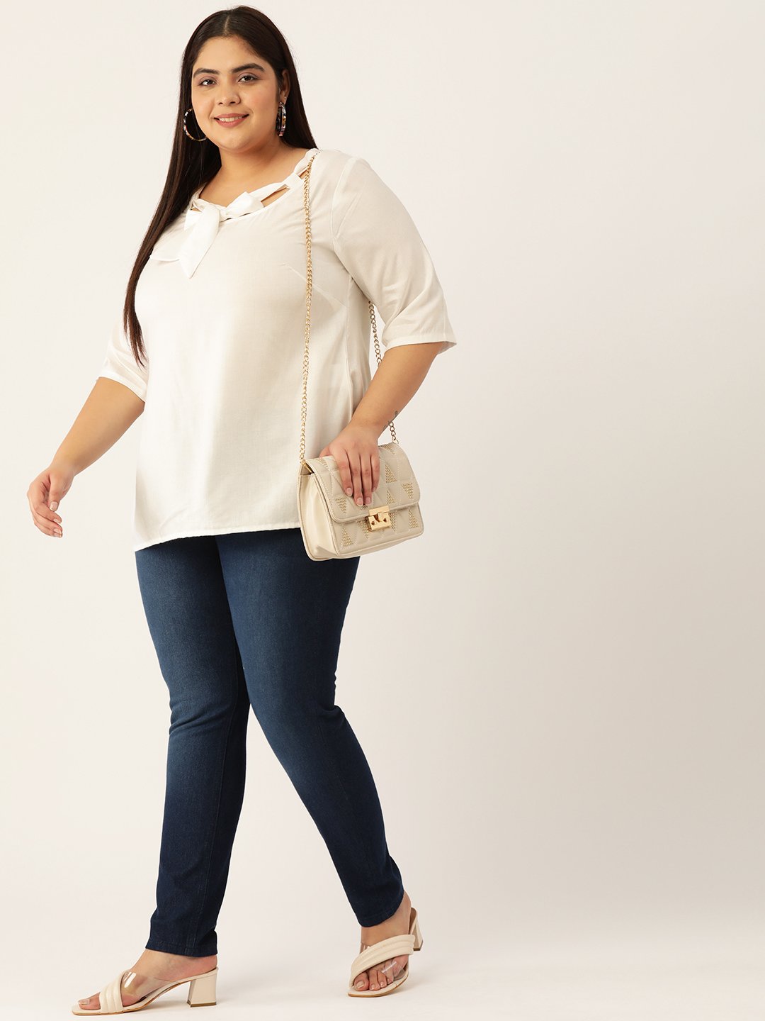 Women's Plus Size White Solid Color Neck Tie-Up Detail Woven Top