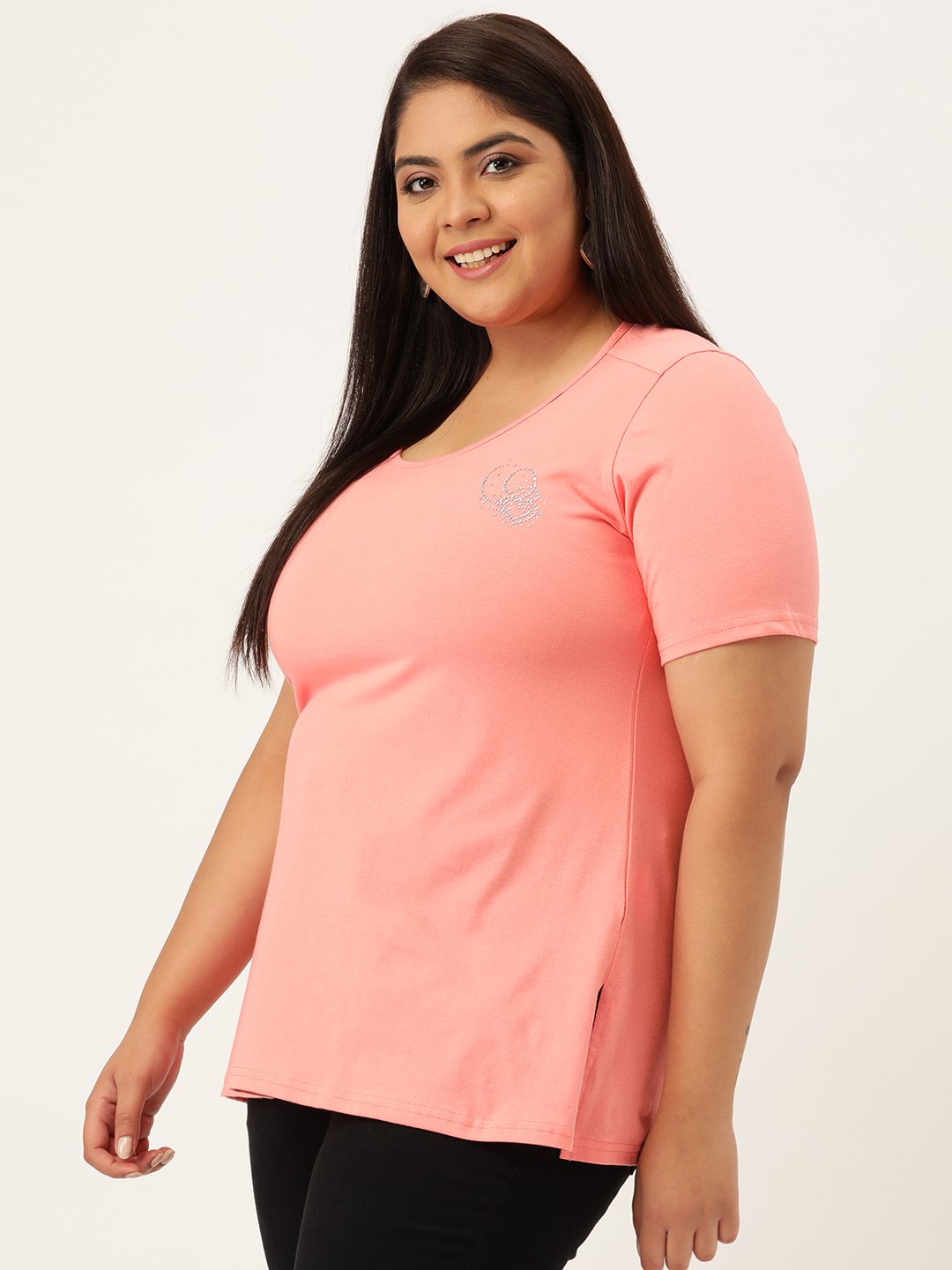 Women's Plus Size Dark Peach Solid Color Round Neck T-Shirt