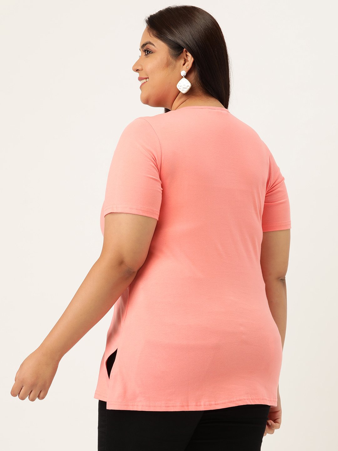Women's Plus Size Dark Peach Solid Color Round Neck T-Shirt