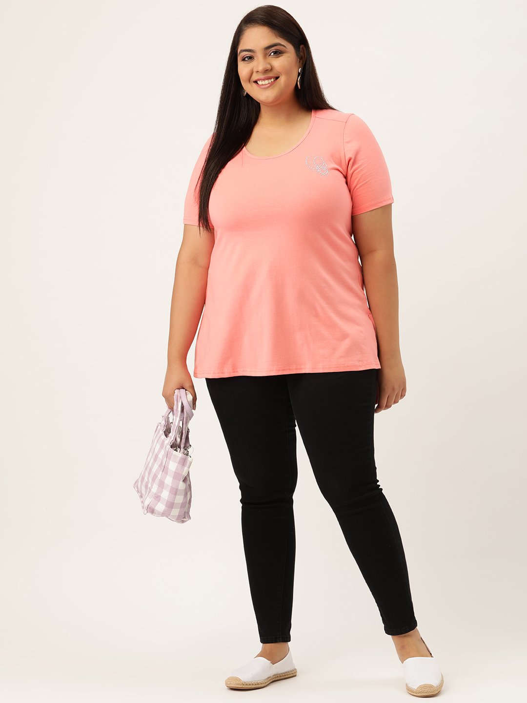 Women's Plus Size Dark Peach Solid Color Round Neck T-Shirt