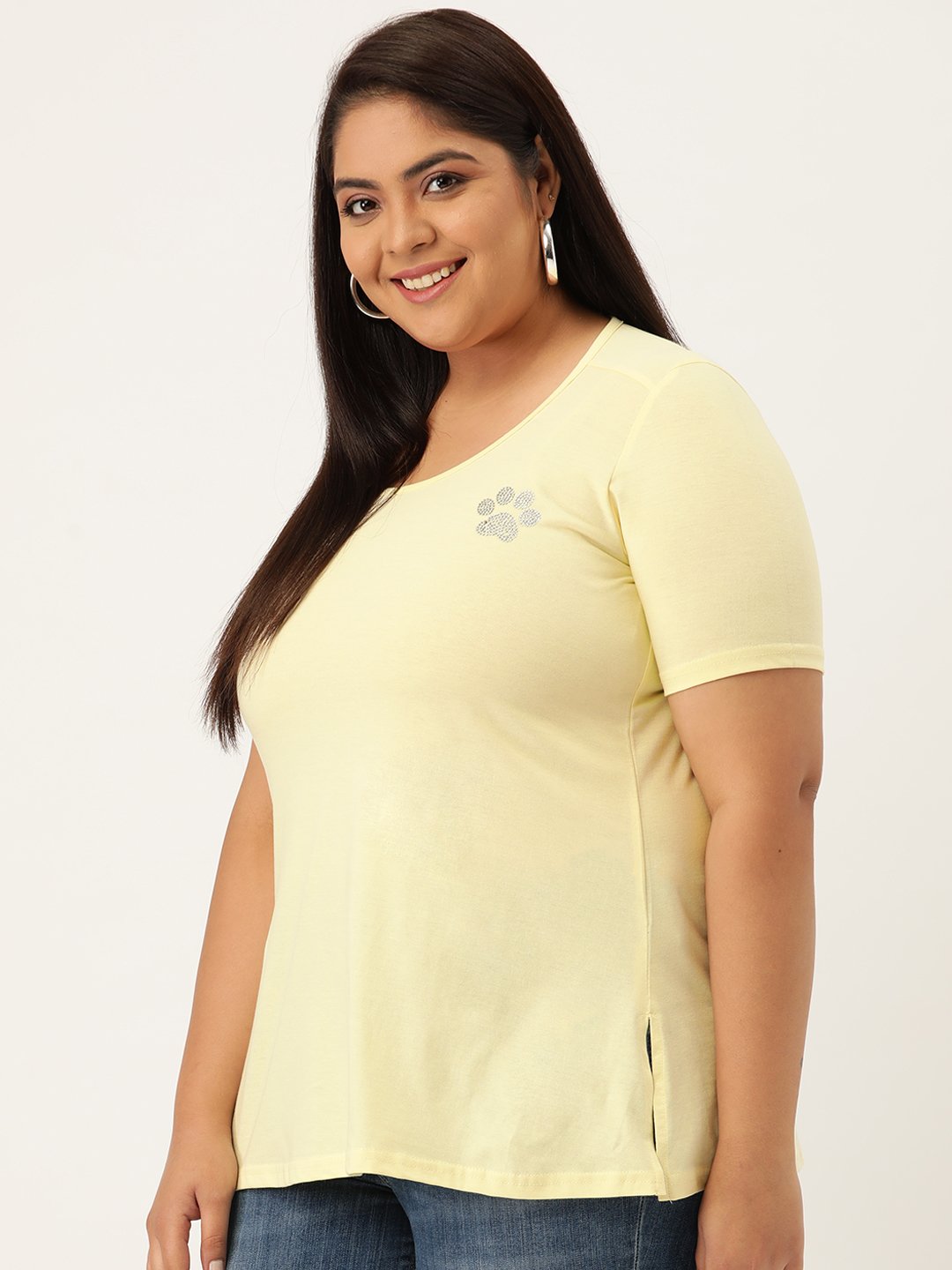 Women's Plus Size Pale Yellow Solid Color Round Neck T-Shirt