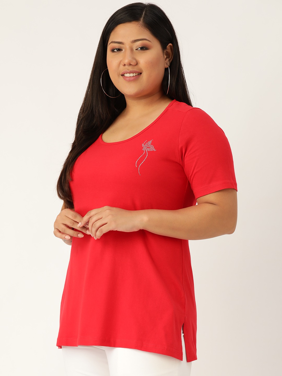 Women's Plus Size Red Solid Round Neck T-Shirt
