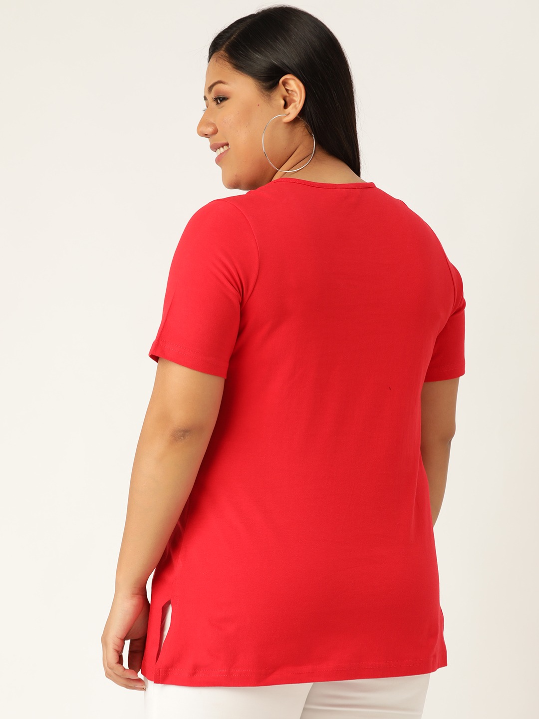 Women's Plus Size Red Solid Round Neck T-Shirt