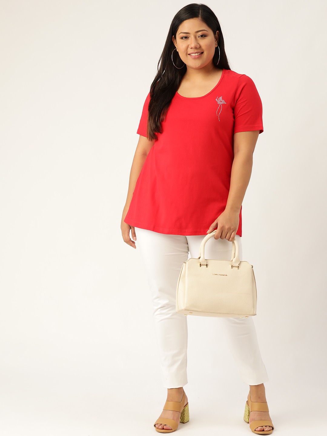 Women's Plus Size Red Solid Round Neck T-Shirt