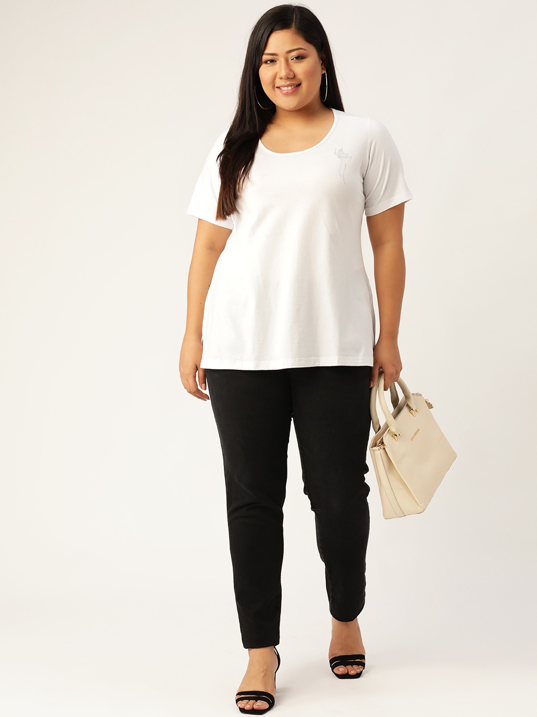 Women's Plus Size White Solid Round Neck T-Shirt