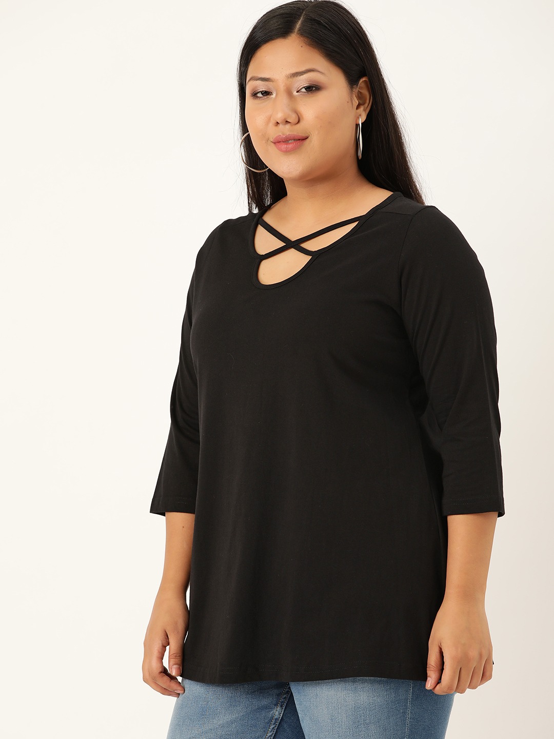 Women's Plus Size Black Solid Cut-Out Round Neck Cotton Top