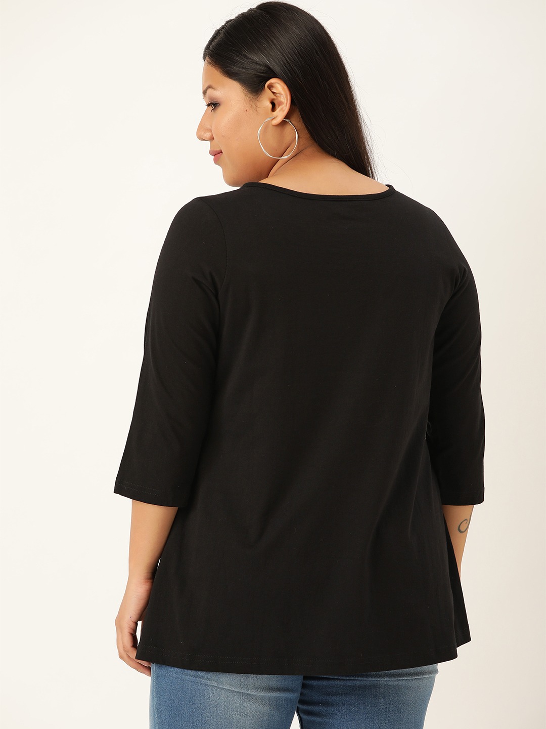 Women's Plus Size Black Solid Cut-Out Round Neck Cotton Top