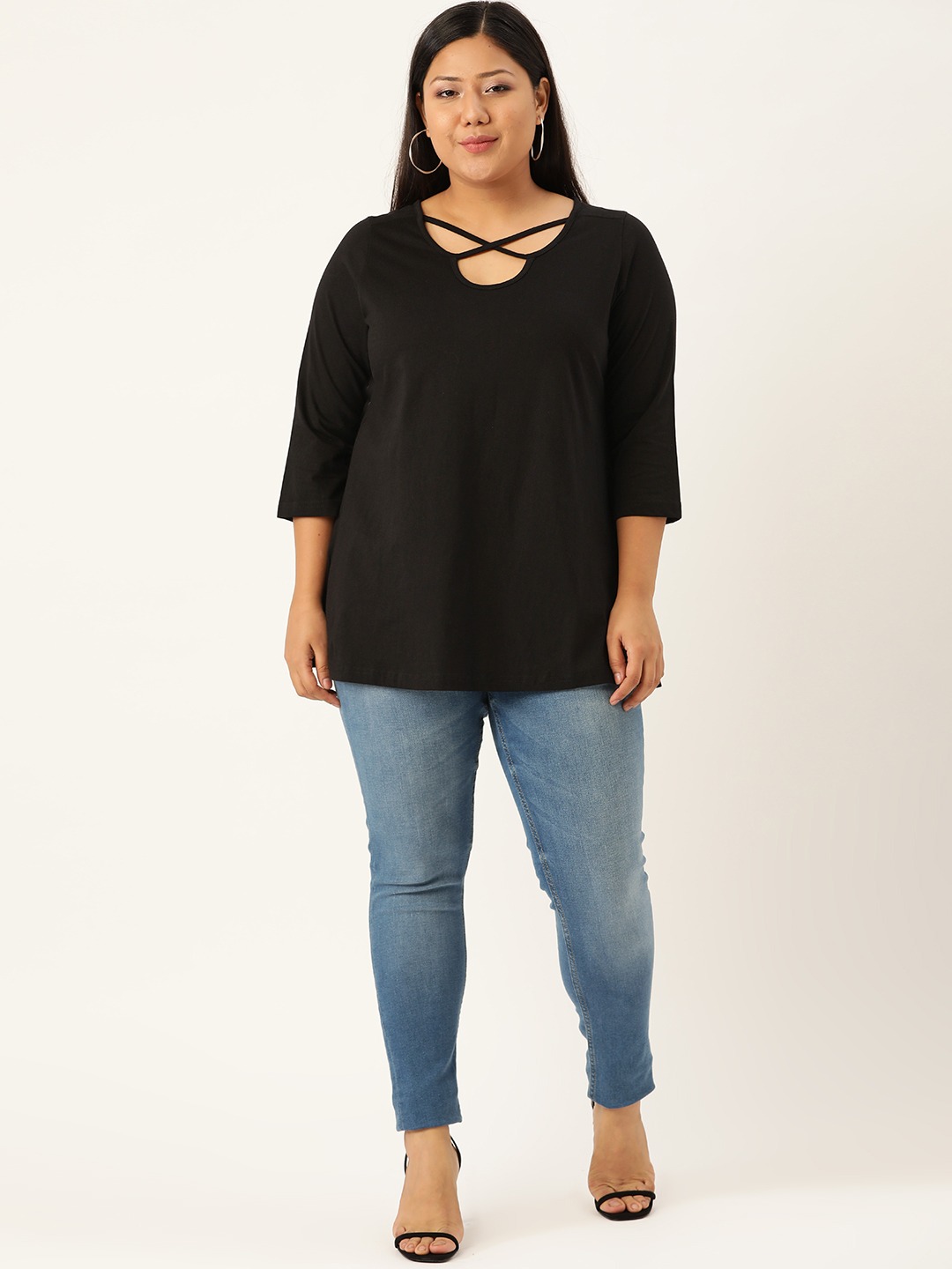Women's Plus Size Black Solid Cut-Out Round Neck Cotton Top