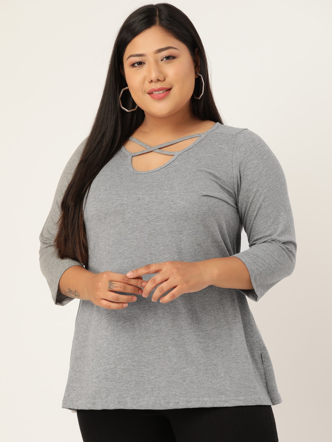 Women's Plus SizeLight Grey Solid Cut-Out Round Neck Cotton Top
