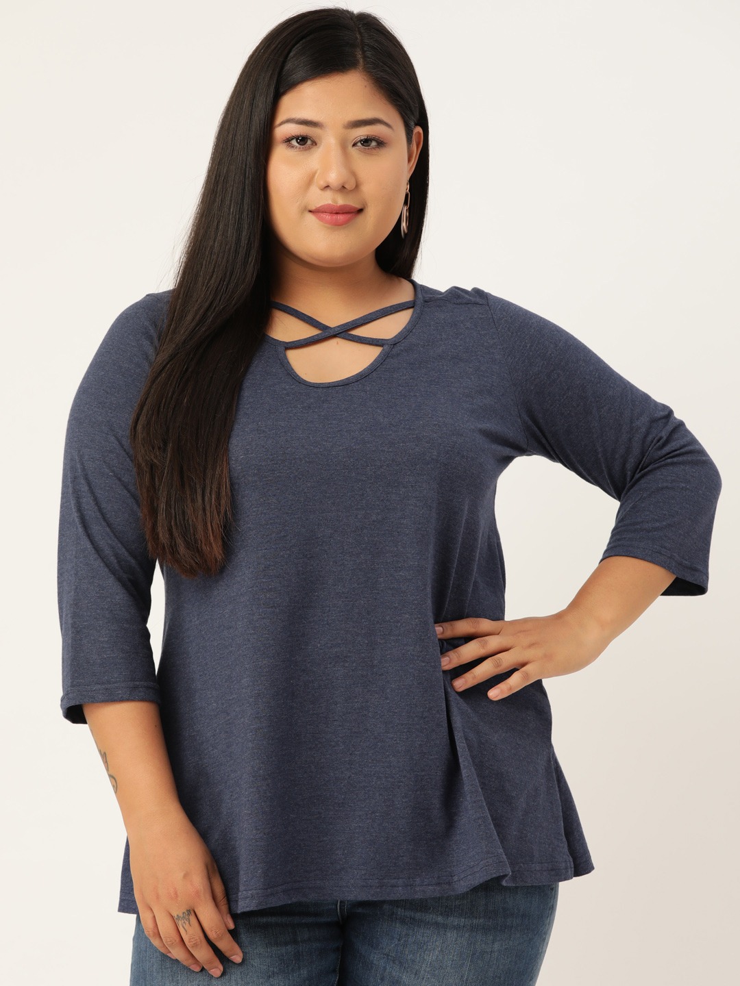 Women's Plus Size Melange Blue Solid Cut-Out Round Neck Cotton Top