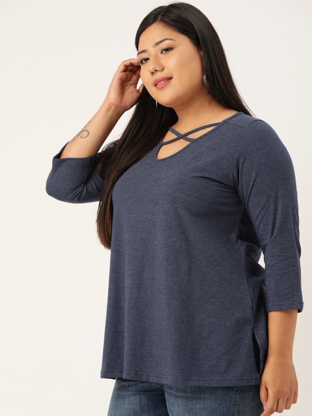 Women's Plus Size Melange Blue Solid Cut-Out Round Neck Cotton Top
