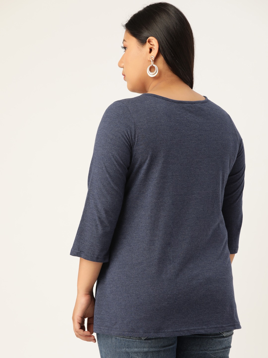 Women's Plus Size Melange Blue Solid Cut-Out Round Neck Cotton Top
