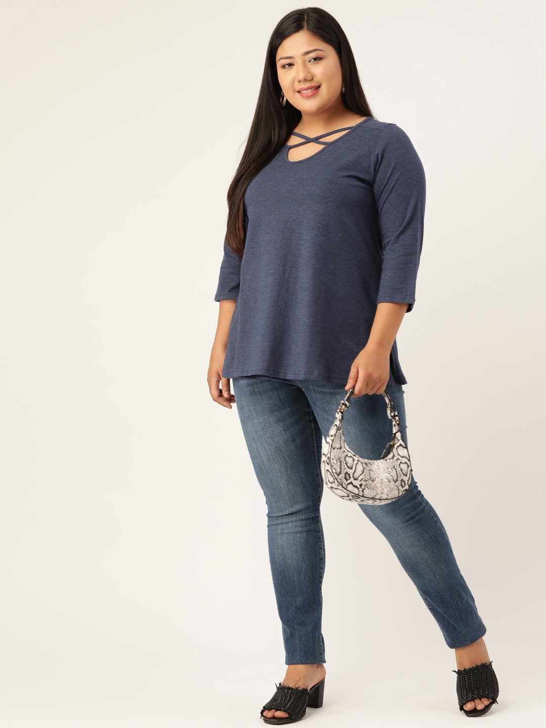 Women's Plus Size Melange Blue Solid Cut-Out Round Neck Cotton Top
