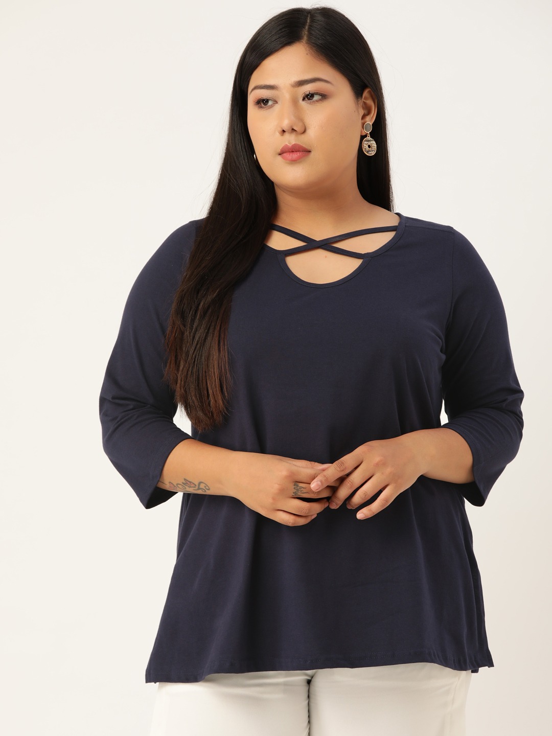 Women's Plus SizeNavy Solid Cut-Out Round Neck Cotton Top