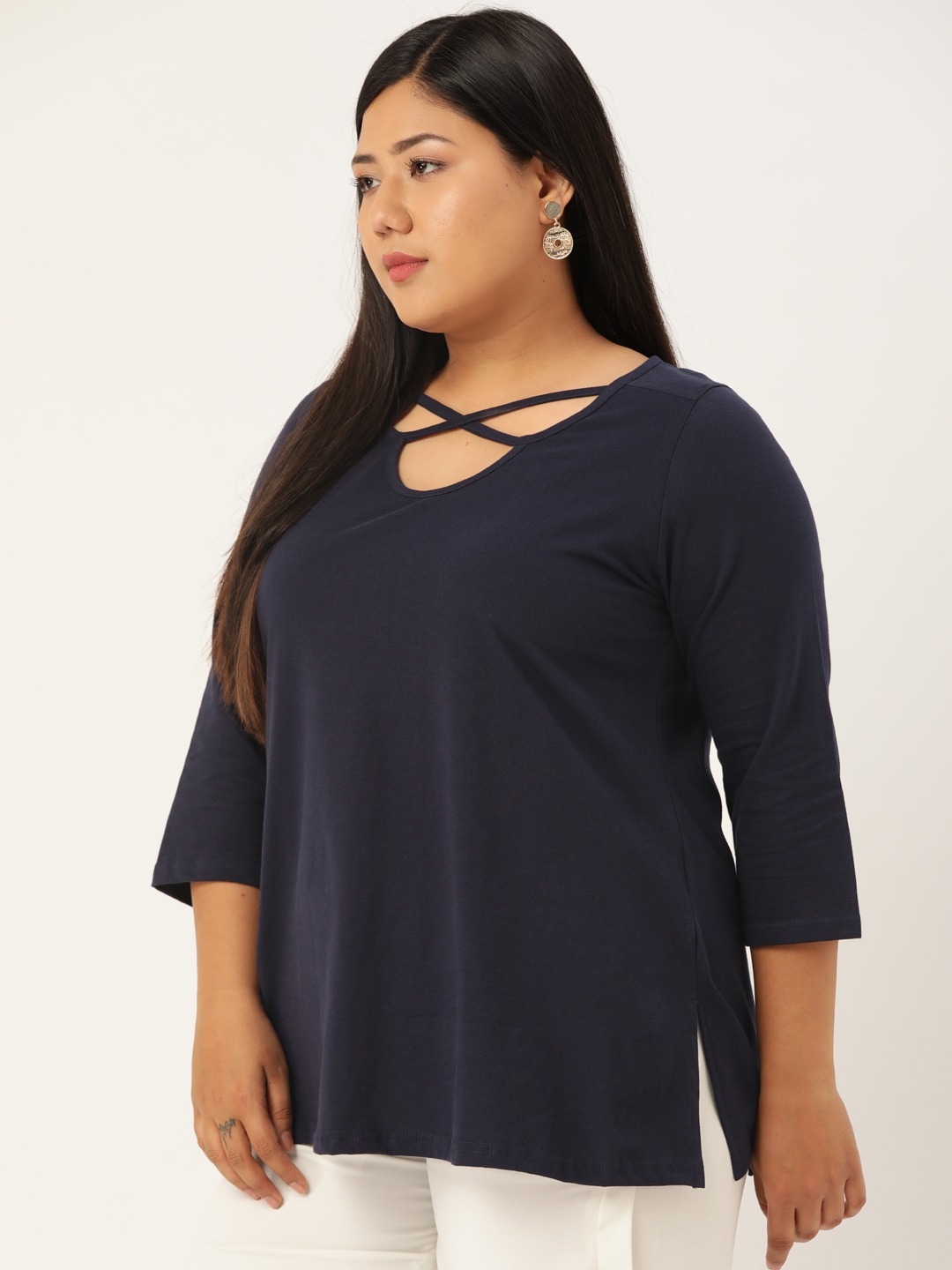 Women's Plus SizeNavy Solid Cut-Out Round Neck Cotton Top