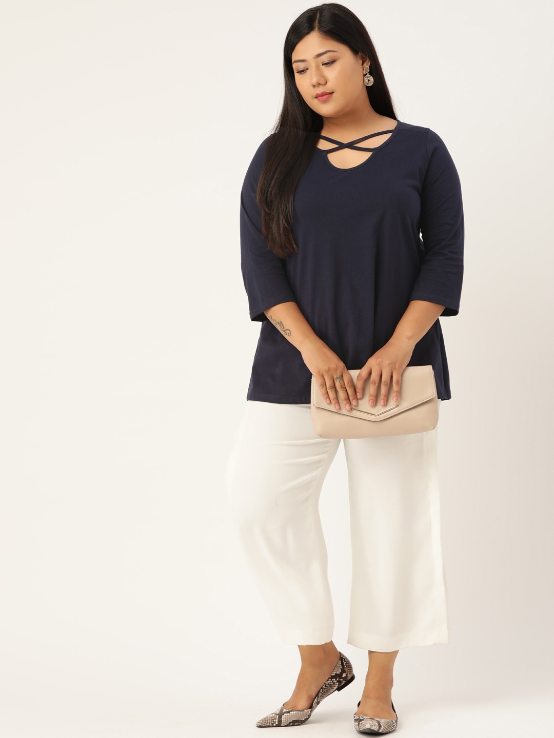 Women's Plus SizeNavy Solid Cut-Out Round Neck Cotton Top
