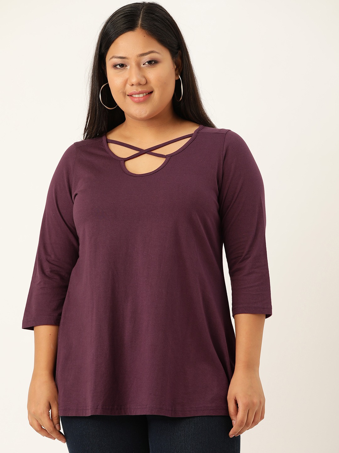 Women's Plus SizePurple Solid Cut-Out Round Neck Cotton Top