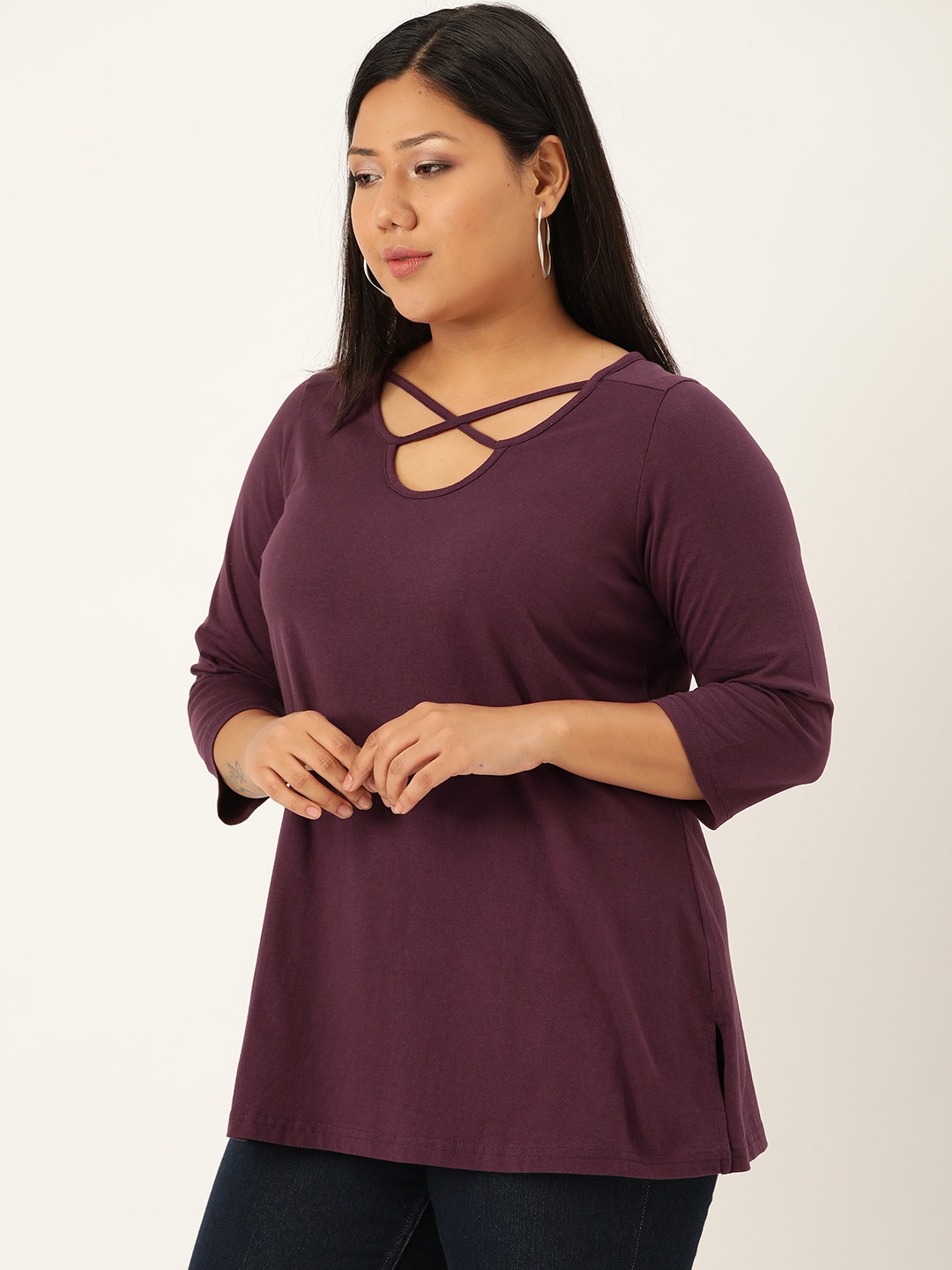 Women's Plus SizePurple Solid Cut-Out Round Neck Cotton Top