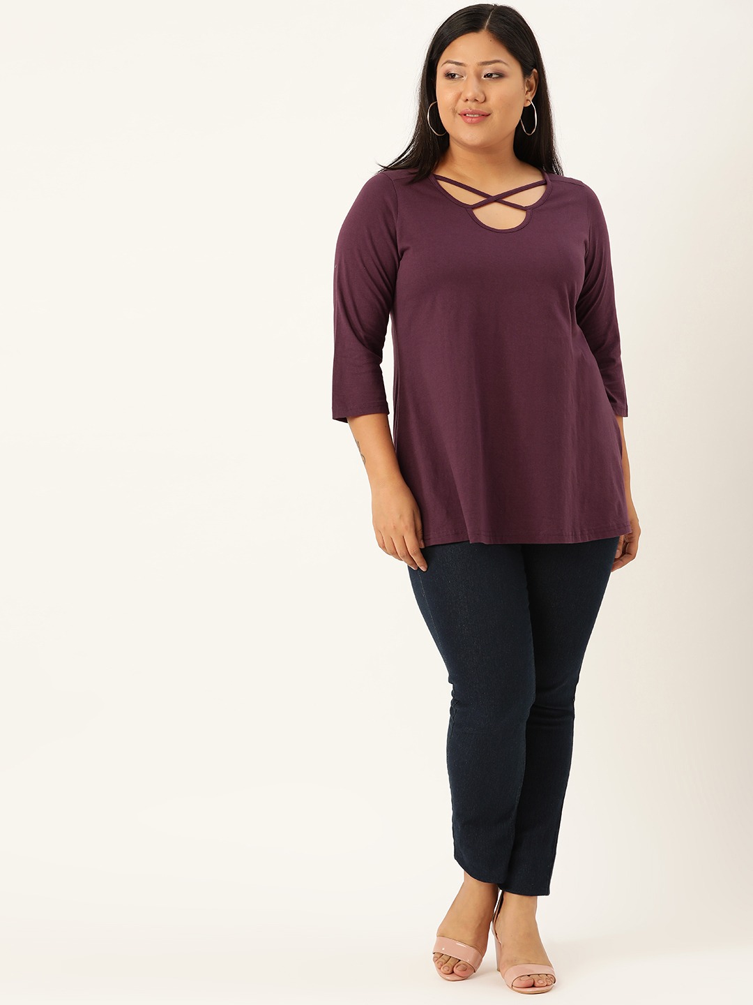 Women's Plus SizePurple Solid Cut-Out Round Neck Cotton Top