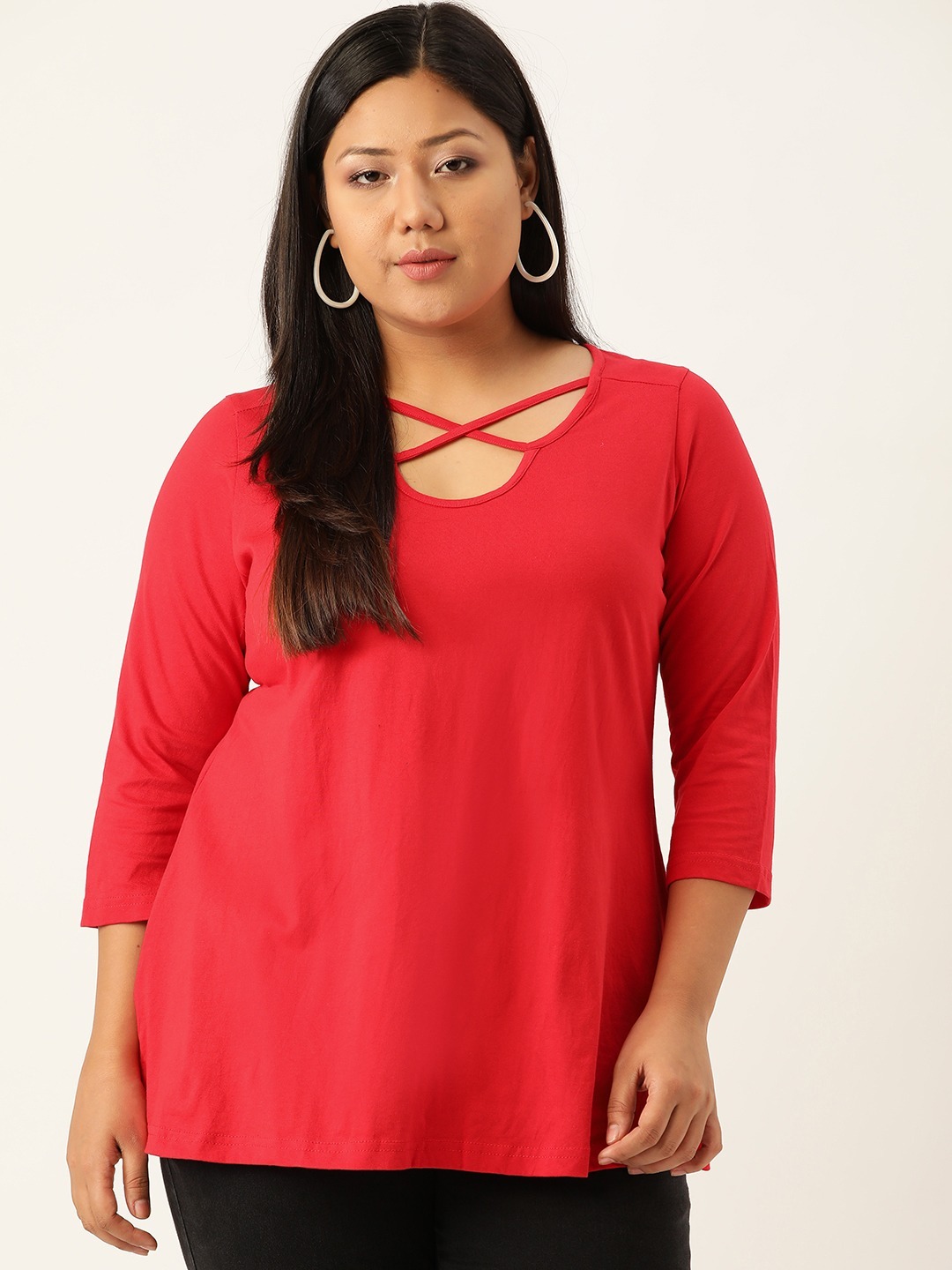 Women's Plus SizeRed Solid Cut-Out Round Neck Cotton Top