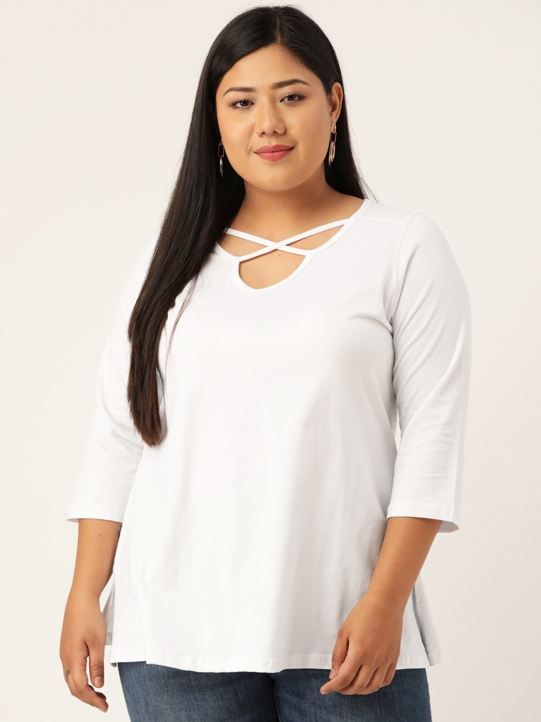 Women's Plus SizeWhite Solid Cut-Out Round Neck Cotton Top