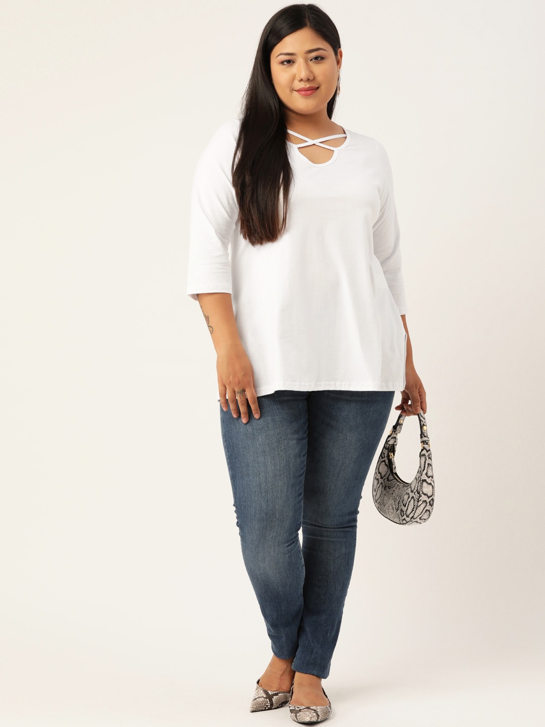 Women's Plus SizeWhite Solid Cut-Out Round Neck Cotton Top