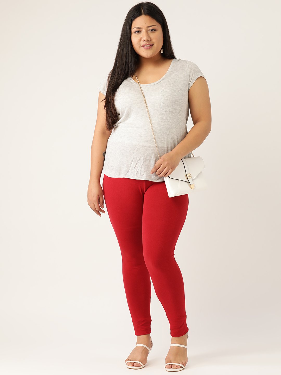 Women's Plus Size Maroon Solid Color Cotton Knitted Legging