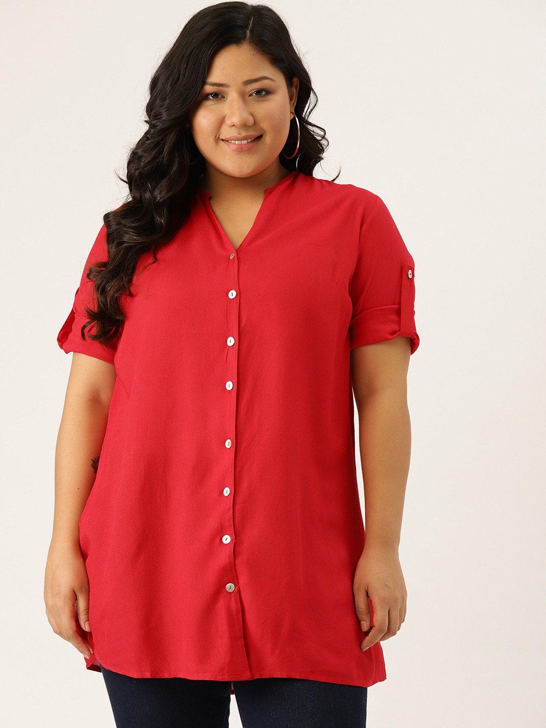 Women's Plus SizeRed Solid Color Longline Casual Shirt