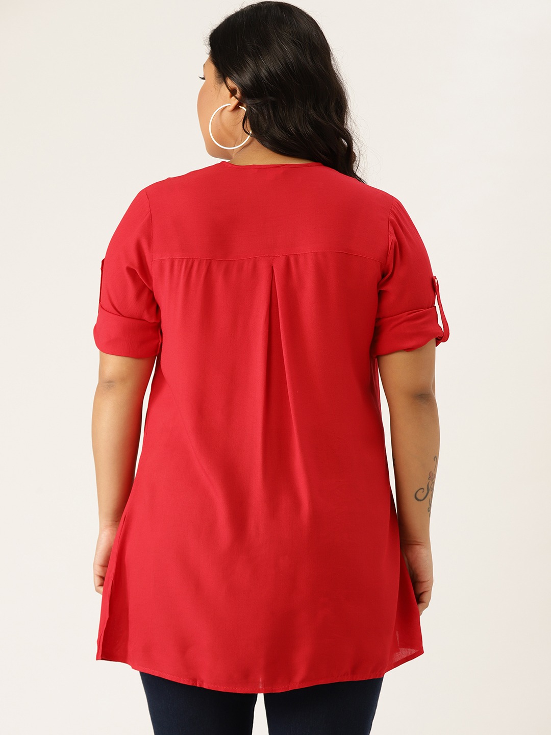 Women's Plus SizeRed Solid Color Longline Casual Shirt