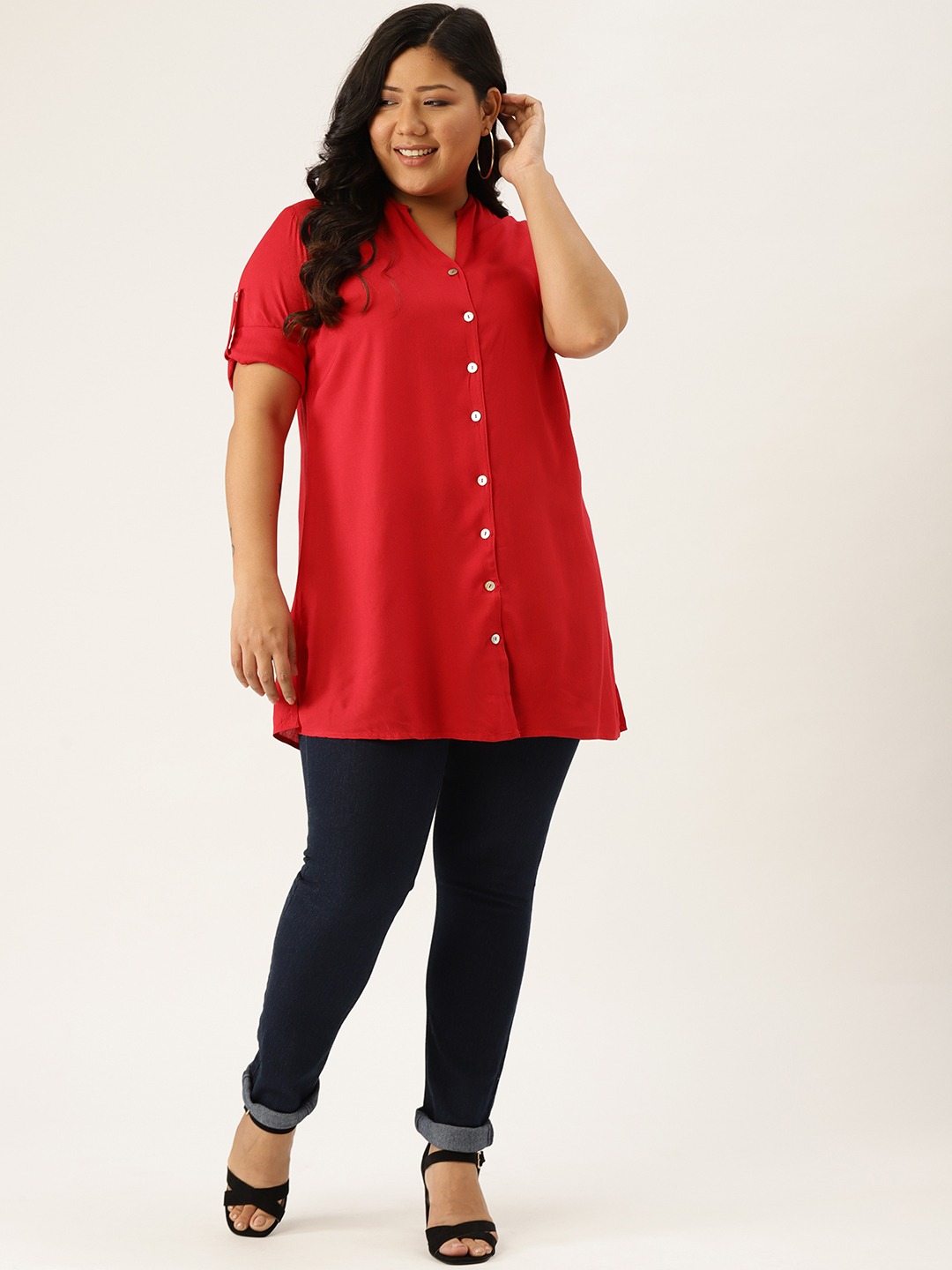 Women's Plus SizeRed Solid Color Longline Casual Shirt
