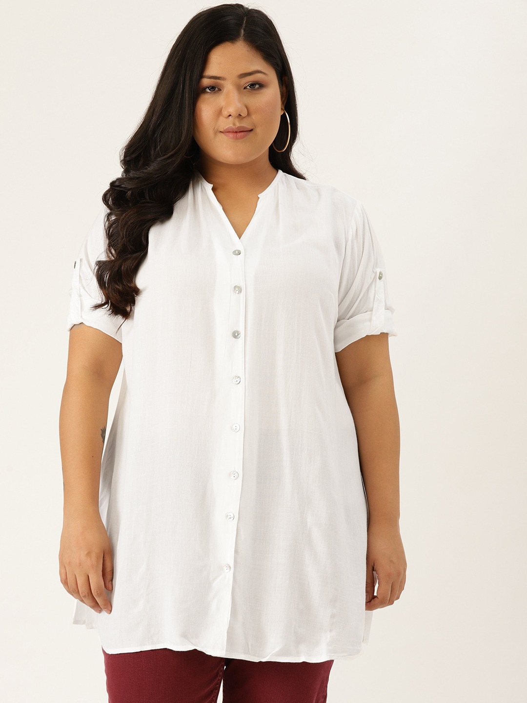 Women's Plus SizeWhite Solid Color Longline Casual Shirt