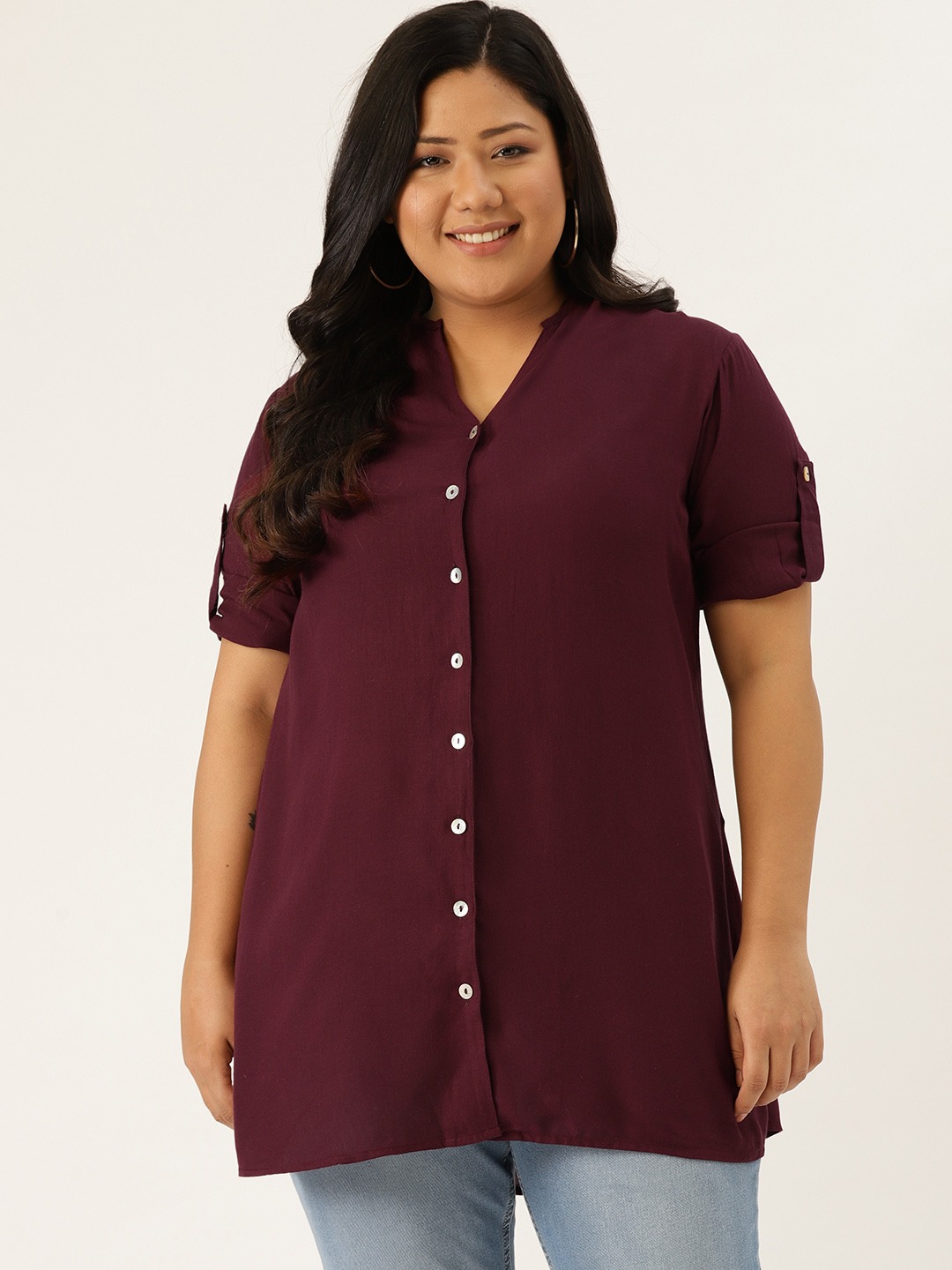 Women's Plus SizeWine Solid Color Longline Casual Shirt