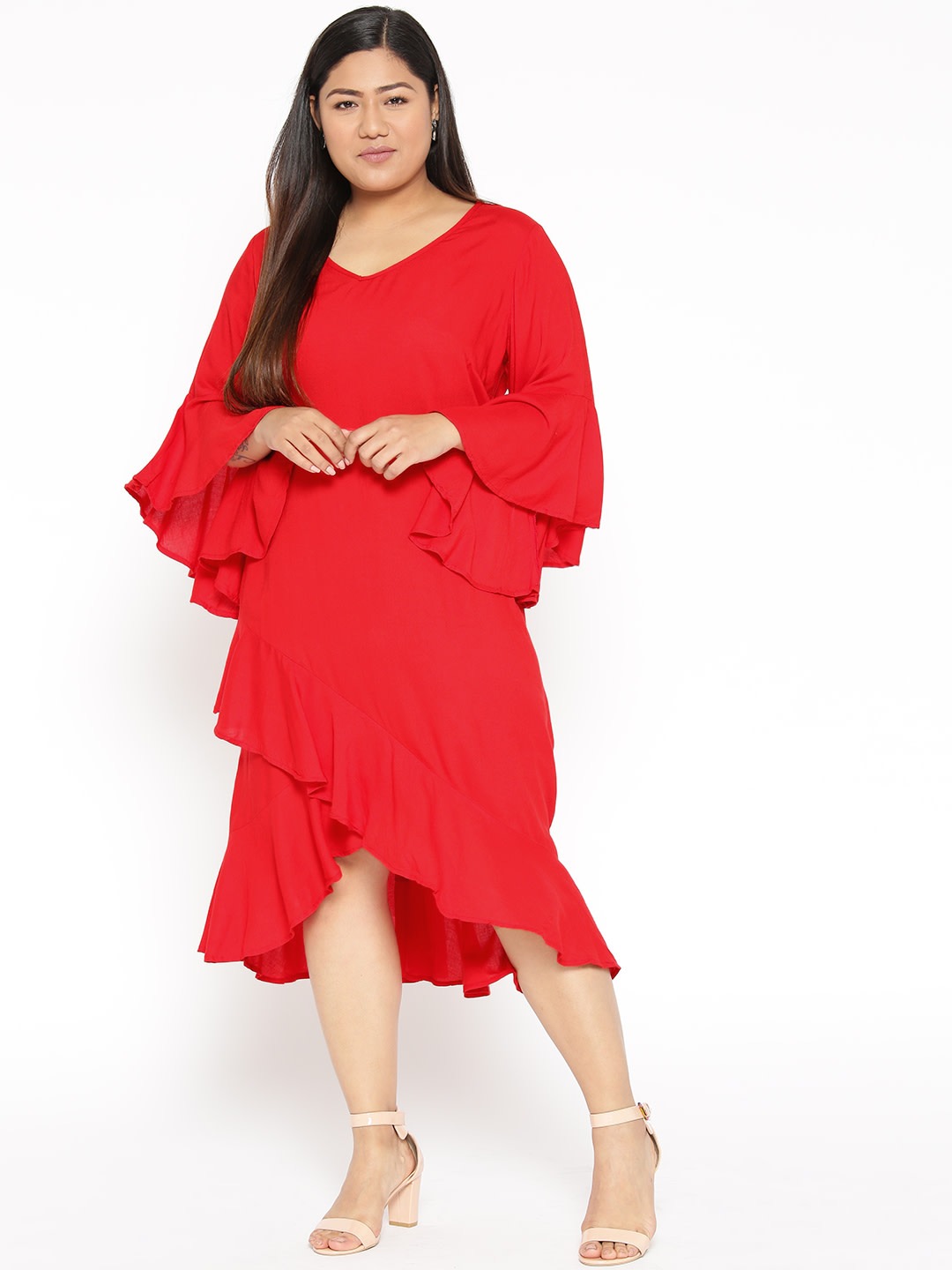 Women's Plus Size Red Solid Wrap A-Line Dress