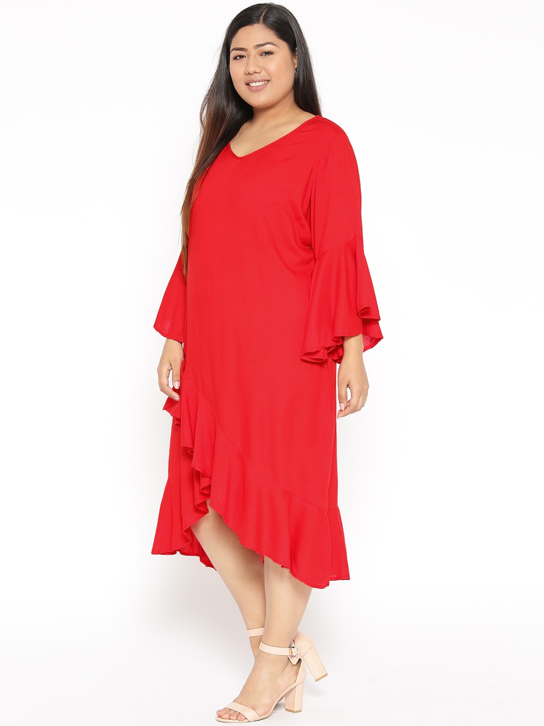 Women's Plus Size Red Solid Wrap A-Line Dress